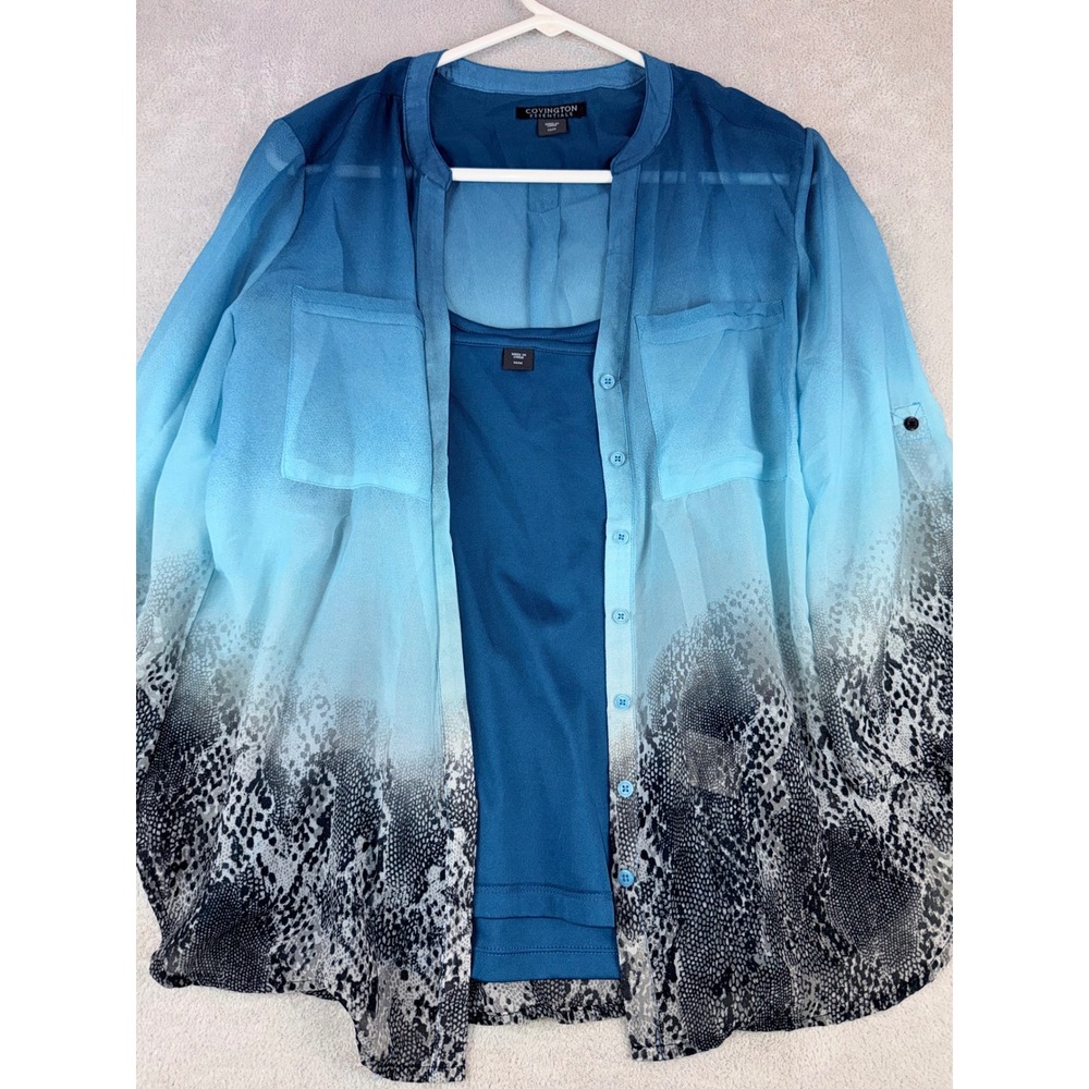 Covington Essentials Women's Medium Blue Ombre Snake Print Sheer Button Up‎ Top - Picture 2 of 8